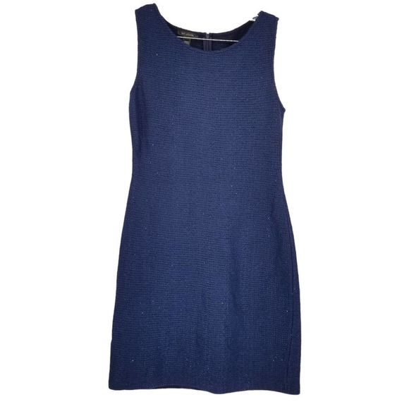 St. John Shimmer Sparkle Compact Boucle Knit Sheath Dress in Blue Size 8 NEW